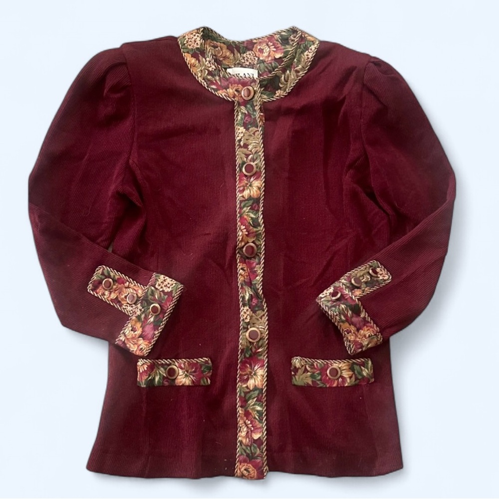 Vintage 1970s Burgundy and Gold Cardigan with Floral Accents  Size M